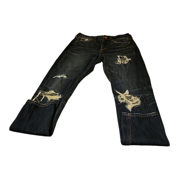 American Eagle Outfitters Women's Blue and Brown Straight Leg Dark Wash Jeans - Picture 4 of 5